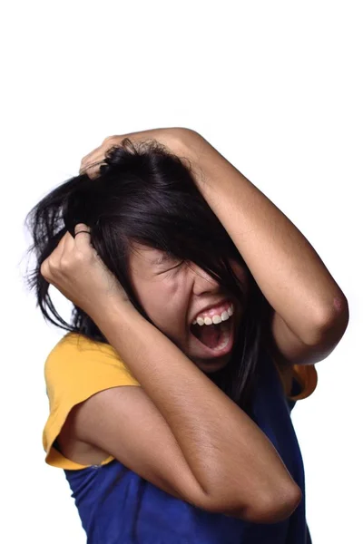 Frustrated Asian Chinese Teen Girl Grabbing Her Hair White Background — Stock Photo, Image