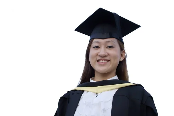 Glimlachende Aziatische Vrouwelijke Afgestudeerd Witte Achtergrond — Stockfoto