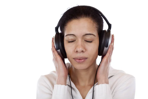 Portrait Pretty Woman Listening Music Enjoyment Isolated White Background — ストック写真