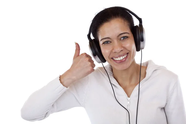 Attractive Laughing Black Woman Headphones Showing Thumbs Isolated White Background — 스톡 사진