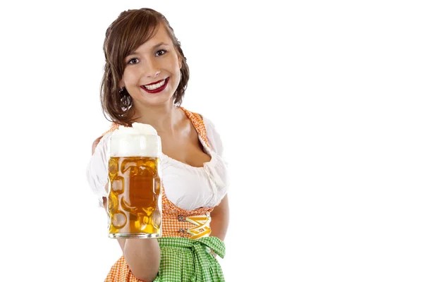 Jonge Mooie Vrouw Dirndl Houdt Oktoberfest Stein Van Bier Camera — Stockfoto