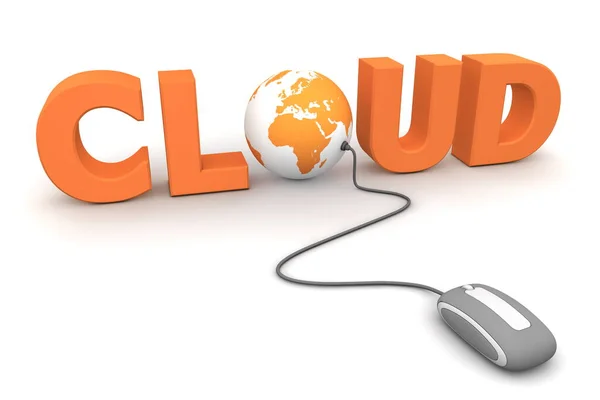 Современная Серая Компьютерная Мышь Подключенная Оранжевому Слову Cloud Буква Заменяется — стоковое фото