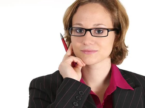 Mujer Seria Con Gafas Plumas — Foto de Stock