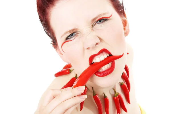 Woman Portrait Face Chilli Chili Pepper Sharp Hot Red Hot — Stock Photo, Image