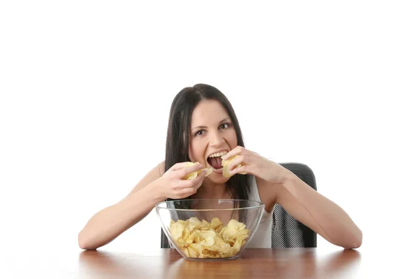 食事のチップ 白で隔離される若い美しい女性 — ストック写真