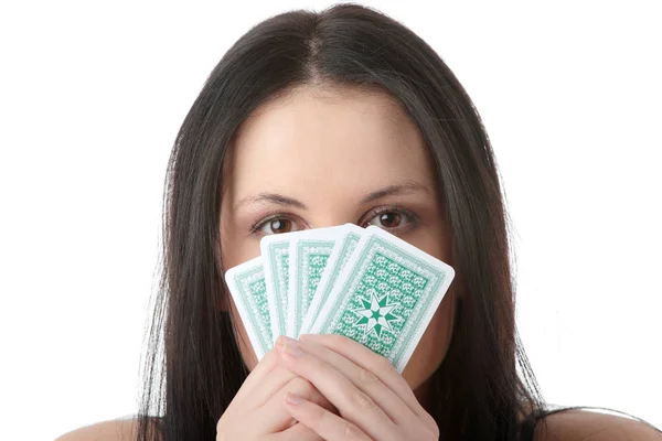 Beleza Caucasiana Jogando Strip Poker Isolado Branco — Fotografia de Stock