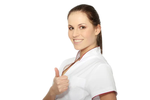 Jovem Médica Enfermeira Com Polegar Para Cima Isolada Sobre Fundo — Fotografia de Stock
