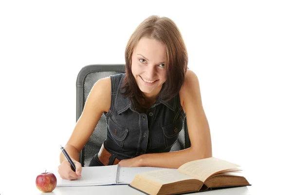Teen Girl Learning Desk Book Note Pad Απομονώνονται Λευκό — Φωτογραφία Αρχείου
