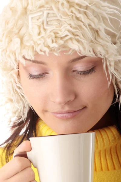 Menina Inverno Adolescente Com Xícara Bebida Quente Chá Café Leite — Fotografia de Stock