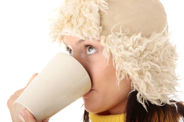 Menina Inverno Adolescente Com Xícara Bebida Quente Chá Café Leite — Fotografia de Stock