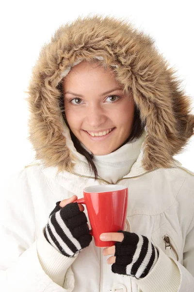 Menina Inverno Adolescente Com Coração Forma Xícara Vermelha Bebida Quente — Fotografia de Stock