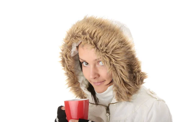 Teen Winter Girl Heart Shaped Red Cup Hot Drink Tea — Stock Photo, Image