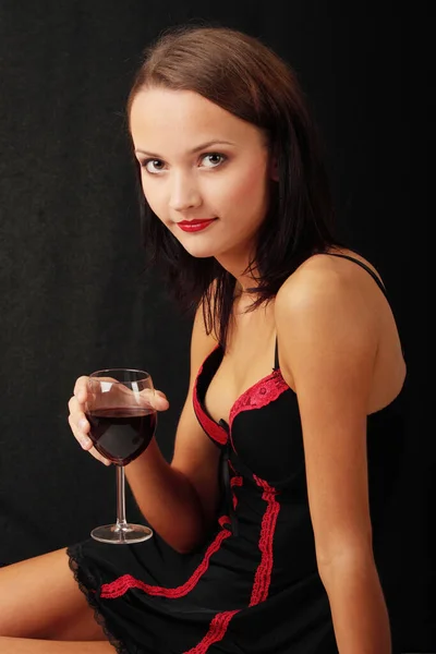 Young Woman Sexy Lingerie Glass Red Wine Black Background — Stock Photo, Image