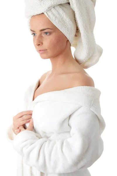 Portrait Young Beautiful Woman Wearing Bathrobe Isolated White — Stock Photo, Image