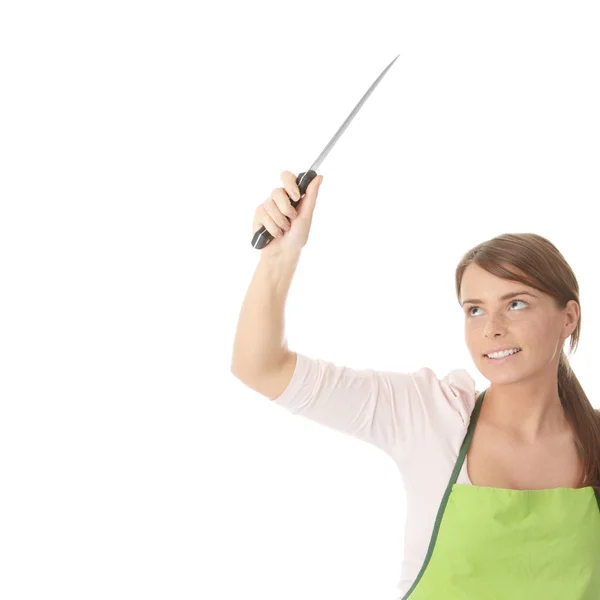 Femme Foyer Avec Couteau Coupe Dans Air Isolé Sur Fond — Photo
