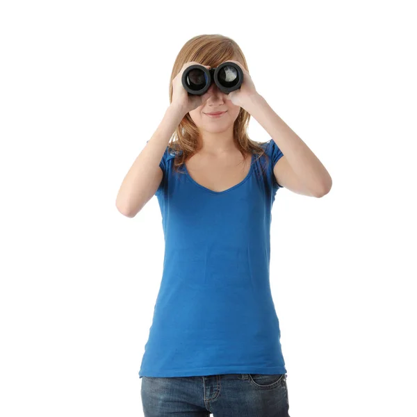 Menina Adolescente Com Binocular Isolado Branco — Fotografia de Stock