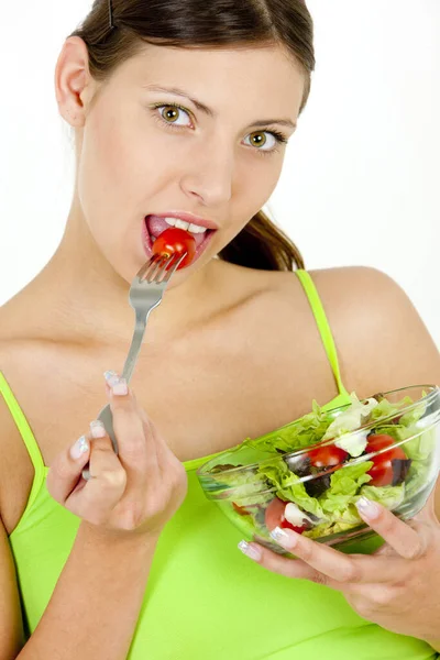 Retrato Mulher Comendo Salada — Fotografia de Stock