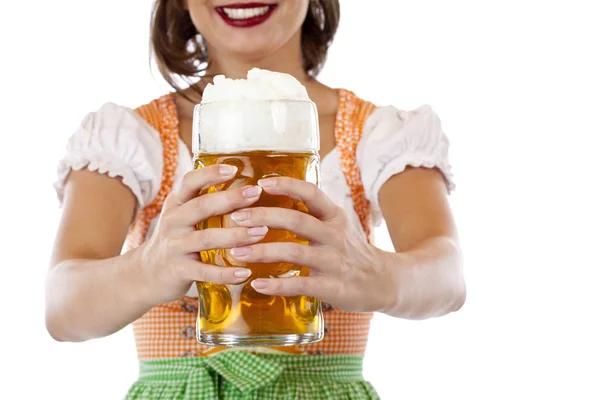 Ładna Młoda Kobieta Dirndl Trzyma Piwo Kufla Oktoberfest Izolowany Białym — Zdjęcie stockowe