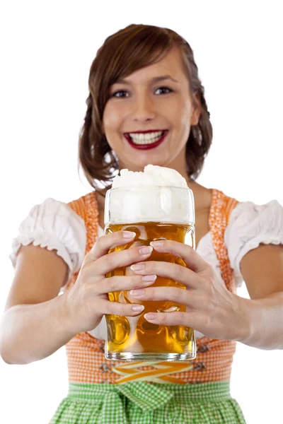 Ładna Kobieta Dirndl Śmieje Się Trzyma Oktoberfest Masskrug Piwo Izolowany — Zdjęcie stockowe
