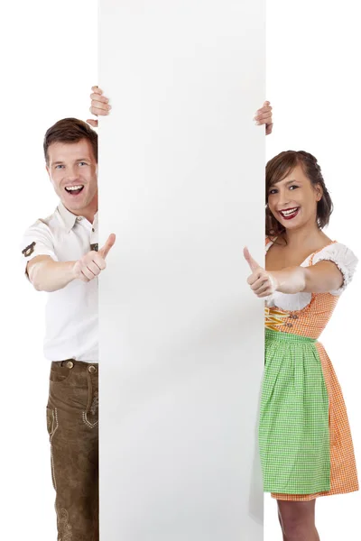 Young Happy Couple Standing Billboard Thumbs Isolated White Background — 스톡 사진