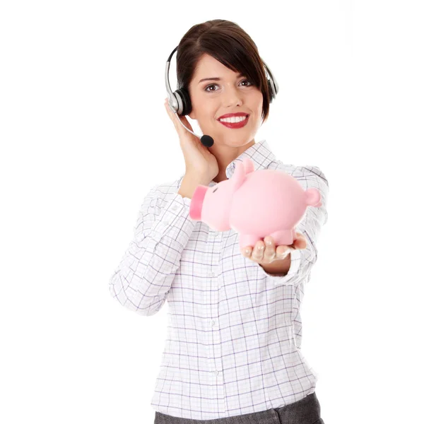 Young Business Woman Headset Holding Piggy Bank — Stock Photo, Image