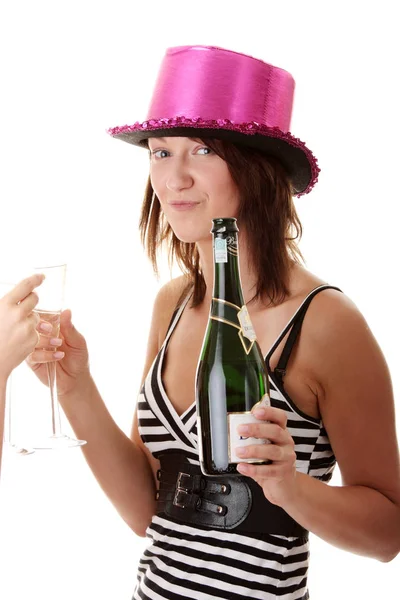 Two Casual Young Women Enjoying Champagne New Yers Eve — Stock Photo, Image