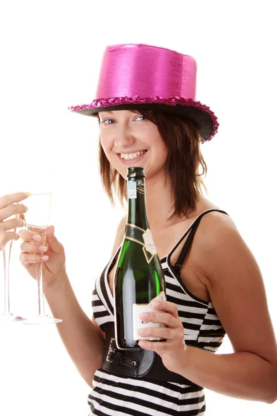 Two Casual Young Women Enjoying Champagne New Yers Eve — Stock Photo, Image