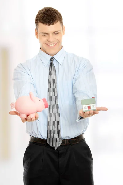 Jonge Bedrijfspersoon Aanmoedigen Geld Besparen Holding Huis Model Piggy Bank — Stockfoto