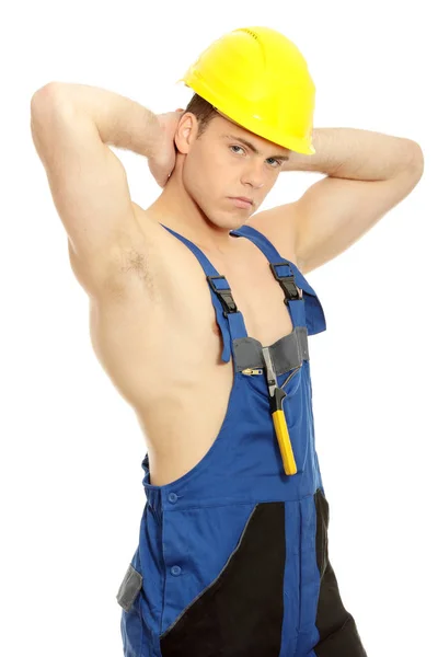 Handsome Young Topless Construction Worker Isolated White Background — Stock Photo, Image