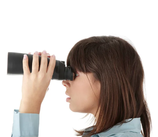 Jovem Mulher Negócios Caucasiana Olhando Através Binocular Isolado Fundo Branco — Fotografia de Stock