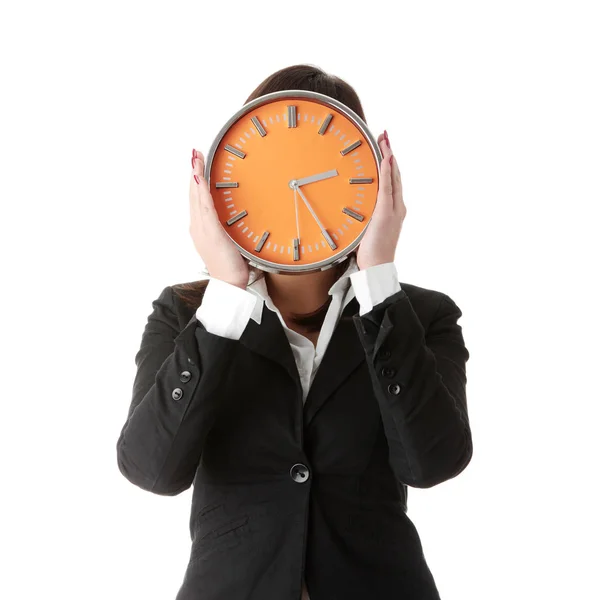 Mujer Negocios Con Reloj Aislado Blanco Concepto Tiempo — Foto de Stock