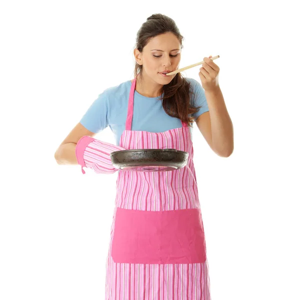 Jovem Cozinhando Comida Saudável Isolada Branco — Fotografia de Stock