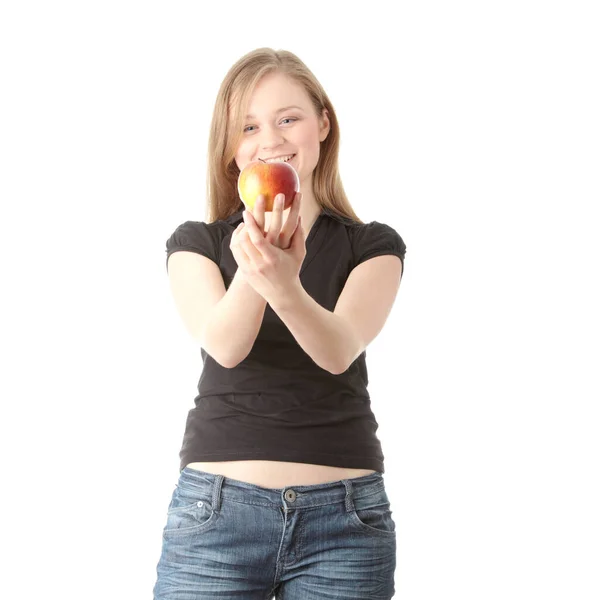 Porträtt Ung Kvinna Med Äpple Isolerad Vit — Stockfoto