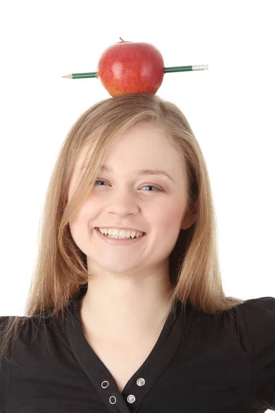 Vacker Student Kvinna Har Ett Äpple Med Penna Huvudet Lära — Stockfoto