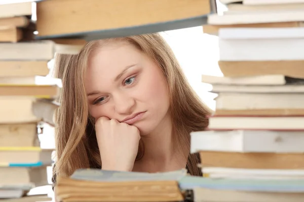 Young Woman Sitting Books Tired — Stock Photo, Image