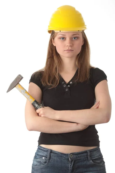 Bella Ragazza Casco Giallo Che Tiene Hummer Isolato Bianco — Foto Stock