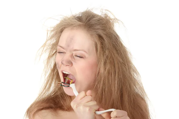 Mulher Jovem Com Arame Choque Elétrico — Fotografia de Stock