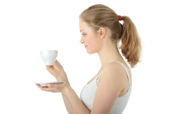 Junge Attraktive Blonde Frau Trinkt Kaffee Isoliert Auf Weißem Hintergrund — Stockfoto