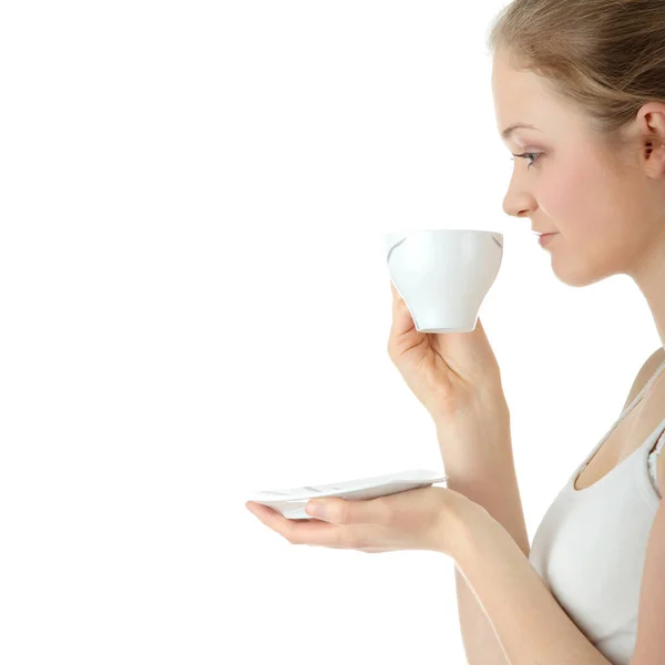 Jovem Mulher Loira Atraente Beber Café Isolado Fundo Branco — Fotografia de Stock