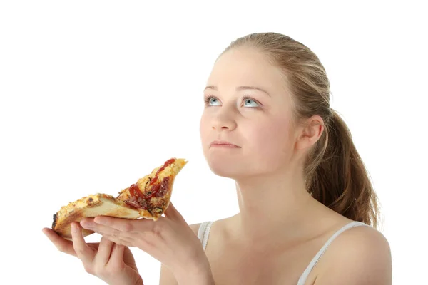 Νεαρή Γυναίκα Ευτυχισμένη Που Τρώει Πίτσα Απομονωμένα Λευκό — Φωτογραφία Αρχείου