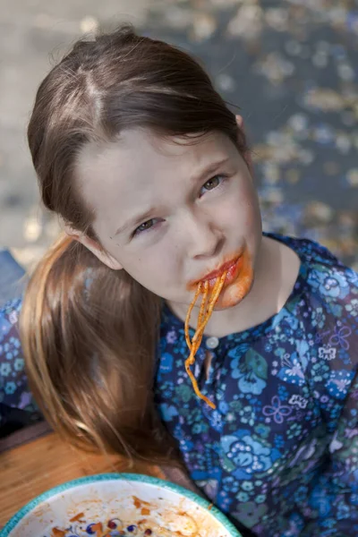 Year Girl Eating Italian Spaghetti Bolognese Ragu — Stock Photo, Image