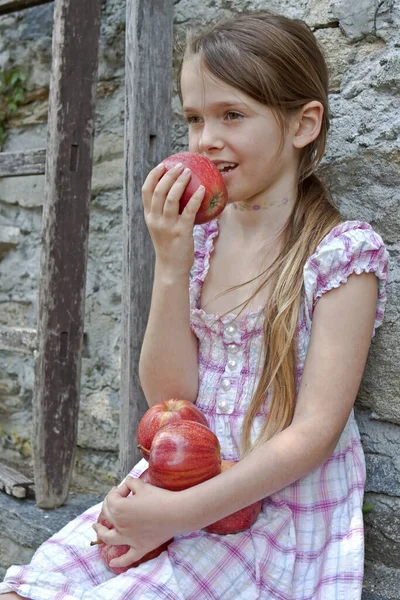 Year Girl Eating Apple Banana — Stock Photo, Image