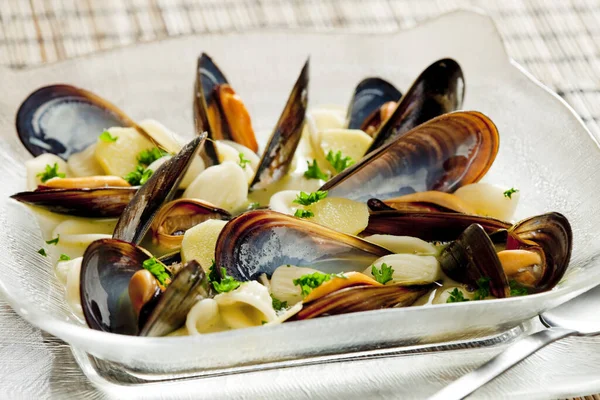 Mussels Soup Pasta Orecchiette — Stock Photo, Image