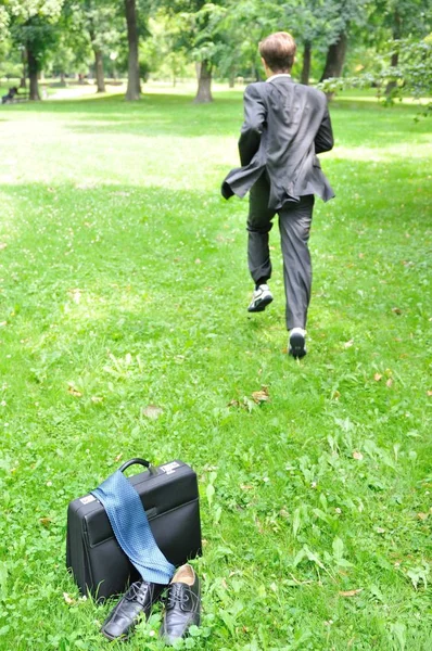 Escape Civilization Concept Business Man Running Park Away Bag Shoes — 스톡 사진