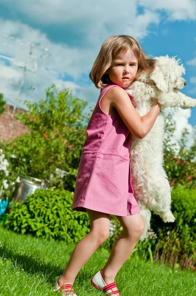 Kis Aranyos Lány Cipeli Kutyáját Kertben Családi Ház Mögött — Stock Fotó