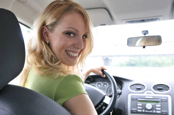 Portrait Young Smiling Woman Siting Steering Wheel Car — Stock Photo, Image