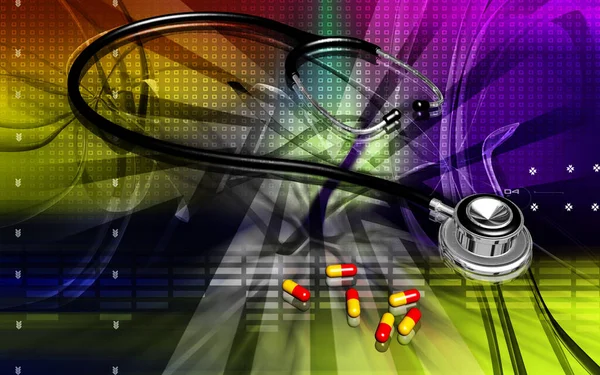 Digitale Darstellung Von Stethoskop Und Kapsel Farbigen Hintergrund — Stockfoto