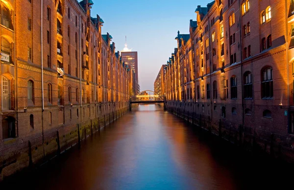 Αμβούργο Τρίμηνο Speicherstadt Κανάλι Νύχτα — Φωτογραφία Αρχείου