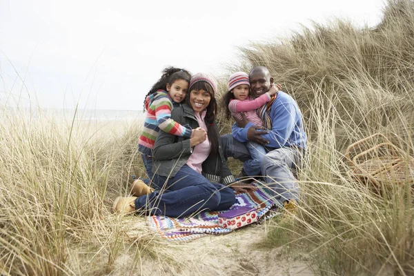 Kum Tepelerinde Oturan Aile Kış Kumsalında Pikniğin Tadını Çıkarıyor — Stok fotoğraf