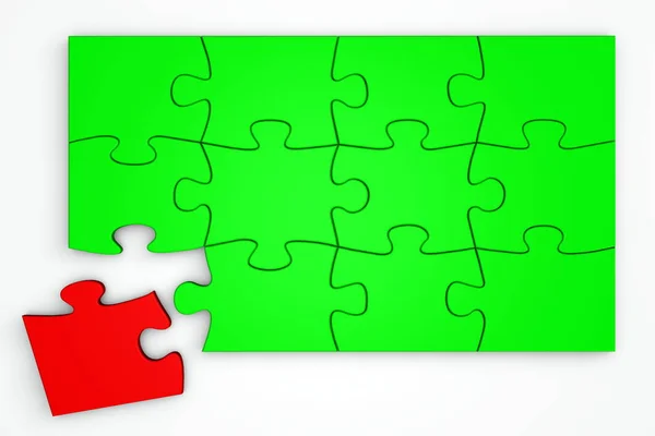 Green Puzzle Separate Red Piece Next Top View — Stock Photo, Image